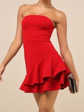 Lulus Sultry Intentions Red Asymmetrical Strapless Ruffled Mini Dress - Large
